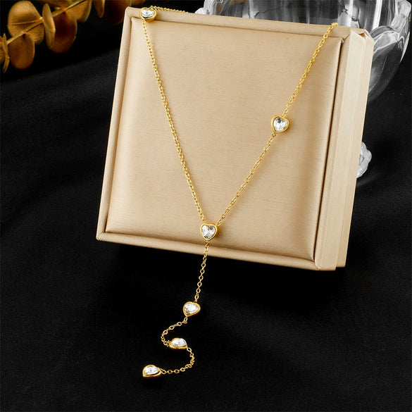 Simple Retro Cut Love Y Shape Clavicle Chain Necklace For Ladies Stainless Steel With Color Rhinestones And Electroplating Treatment
