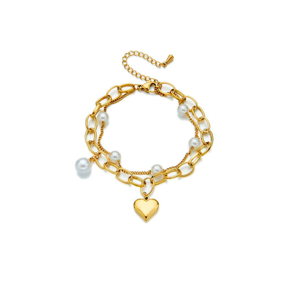 Simple Retro Design Metal Love Pearl Pendant Multilayer Chain Bracelet For Women Stainless Steel Electroplated