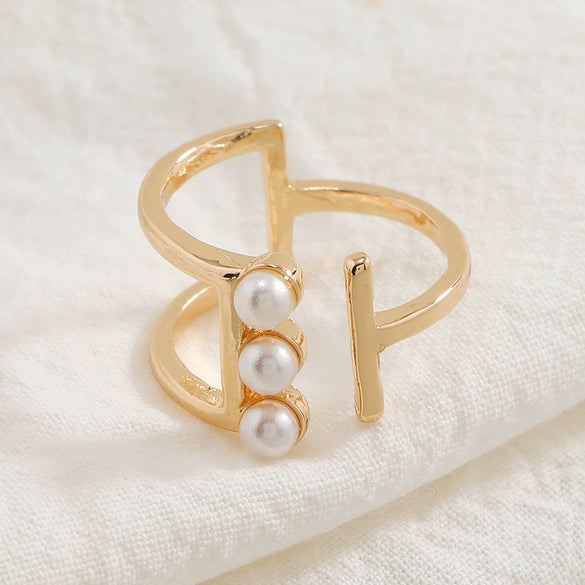 Simple Retro Geometric Pearl Open Ring In Alloy With Pearl Inlay Fashion Adjustable Unisex Statement Ring