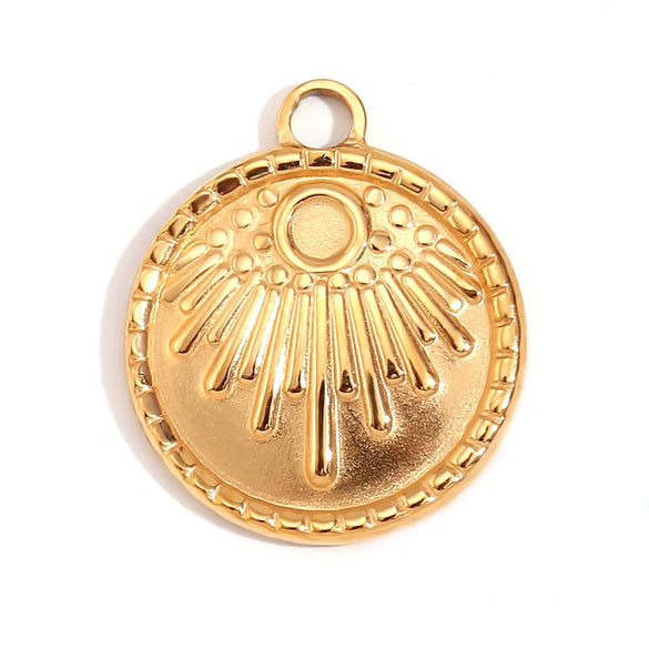 Simple Retro Geometric Stainless Steel Jewelry Accessories 18K Gold Plated Hammered Sun Moon Pendant