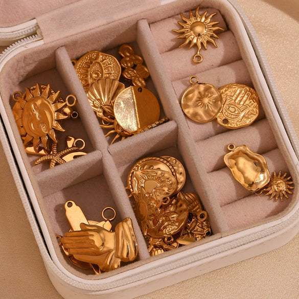 Simple Retro Geometric Stainless Steel Jewelry Accessories 18K Gold Plated Hammered Sun Moon Pendant