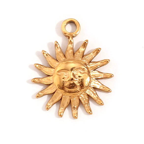 Simple Retro Geometric Stainless Steel Jewelry Accessories 18K Gold Plated Hammered Sun Moon Pendant