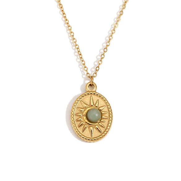 Simple Retro Jewelry Stainless Steel And Titanium Steel Oval Sun Natural Stone Pendant Necklace With Geometric Pattern And Electroplating For Women