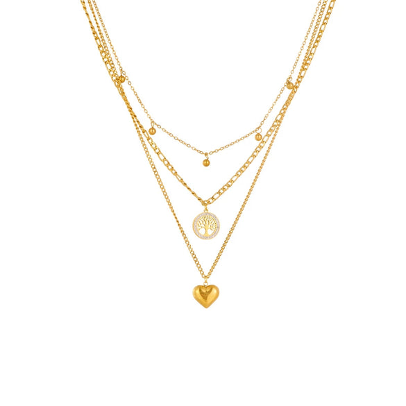 Simple Retro Multilayer Chain Love Round Pendant Necklace In Stainless Steel With Electroplating Treatment