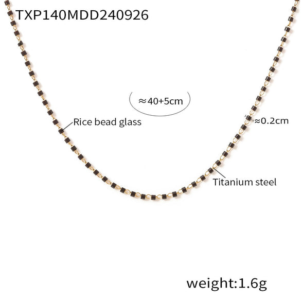 Simple Rice Bead Glass Titanium Steel Jewelry Set With Electroplating For Women Bracelet And Necklace