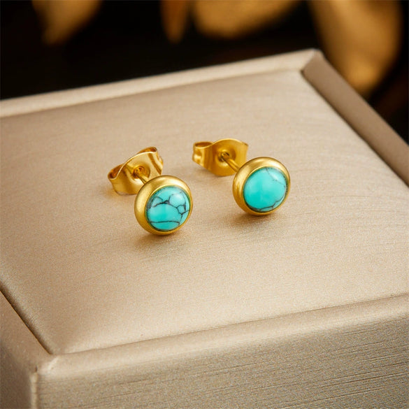 Simple Round Blue Turquoise Stainless Steel Chain Earrings And Necklace With Electroplating Design For Girls
