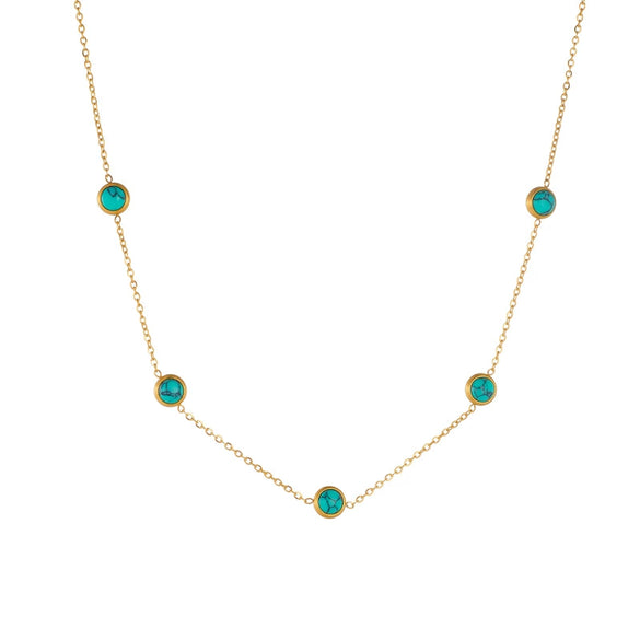 Simple Round Blue Turquoise Stainless Steel Chain Earrings And Necklace With Electroplating Design For Girls