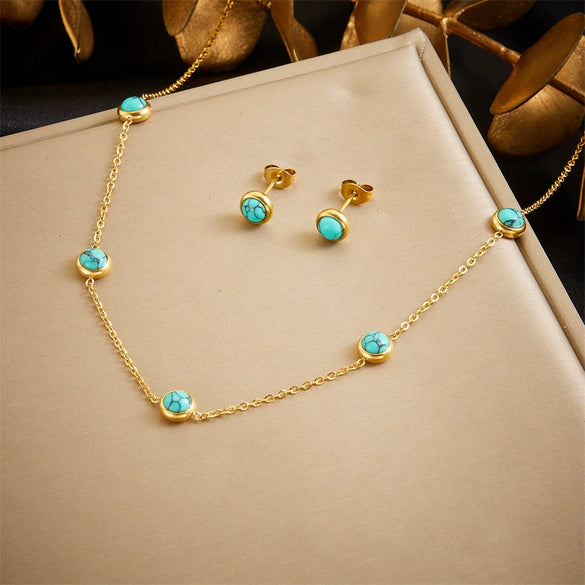 Simple Round Blue Turquoise Stainless Steel Chain Earrings And Necklace With Electroplating Design For Girls