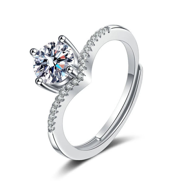 Simple S925 Silver Crown V Shaped Ring For Women Geometric Electroplated Adjustable Open Ring With Single Stone Accent