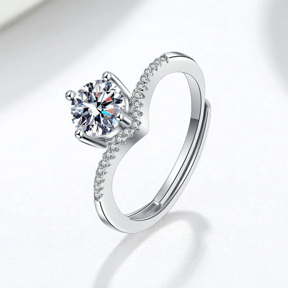 Simple S925 Silver Crown V Shaped Ring For Women Geometric Electroplated Adjustable Open Ring With Single Stone Accent