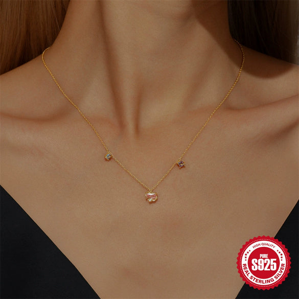 Simple S925 Silver Ins Style Candy Star Necklace With Colorful Zircon O Chain Electroplated