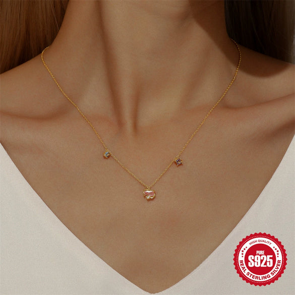 Simple S925 Silver Ins Style Candy Star Necklace With Colorful Zircon O Chain Electroplated