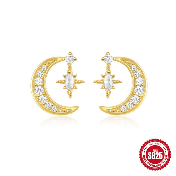 Simple S925 Silver Stud Earrings With Stars Moon Diamond Smiling Face Geometric Design Electroplated For Women