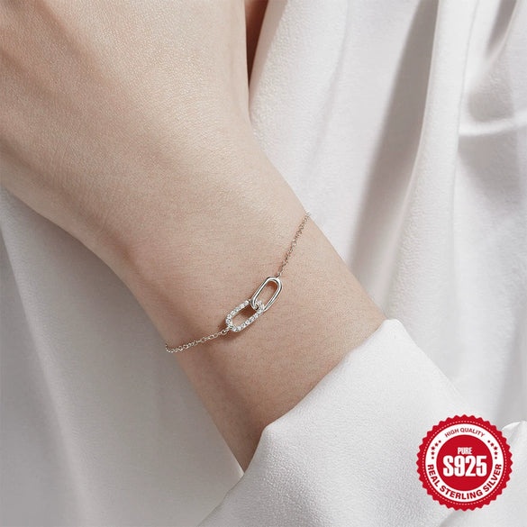 Simple S925 Sterling Silver Cross Double Buckle Geometric Zircon Inlaid Women's Bracelet With Electroplating
