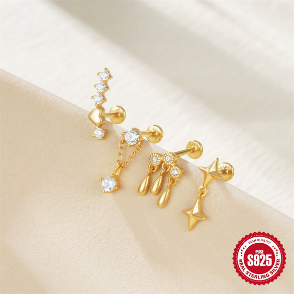 Simple S925 Sterling Silver Daily Collocation Star Water Drop Tassel Puncture Thread Ear Bone Nail With Crown Pattern And Zircon Design