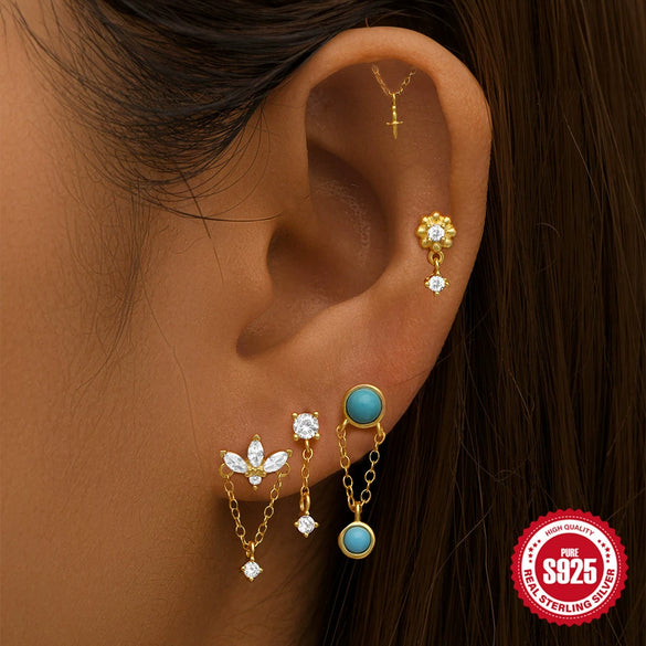 Simple S925 Sterling Silver Daily Collocation Star Water Drop Tassel Puncture Thread Ear Bone Nail With Crown Pattern And Zircon Design