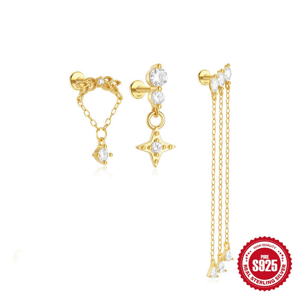 Simple S925 Sterling Silver Daily Collocation Star Water Drop Tassel Puncture Thread Ear Bone Nail With Crown Pattern And Zircon Design