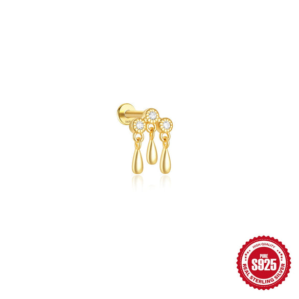 Simple S925 Sterling Silver Daily Collocation Star Water Drop Tassel Puncture Thread Ear Bone Nail With Crown Pattern And Zircon Design
