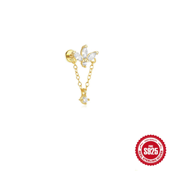 Simple S925 Sterling Silver Daily Collocation Star Water Drop Tassel Puncture Thread Ear Bone Nail With Crown Pattern And Zircon Design