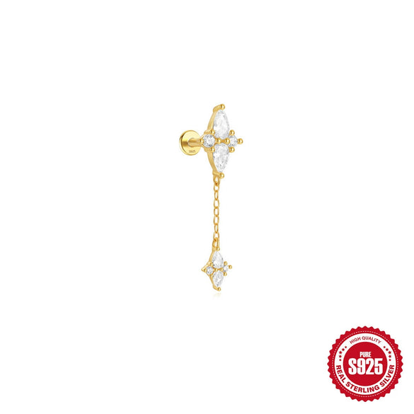Simple S925 Sterling Silver Daily Collocation Star Water Drop Tassel Puncture Thread Ear Bone Nail With Crown Pattern And Zircon Design