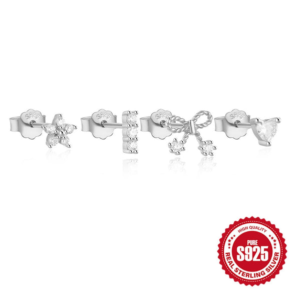 Simple S925 Sterling Silver Fourpiece Bow Women's Earrings Set With Geometric Design And Diamondencrusted Feature