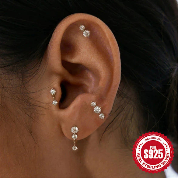 Simple S925 Sterling Silver Fourpiece Bow Women's Earrings Set With Geometric Design And Diamondencrusted Feature