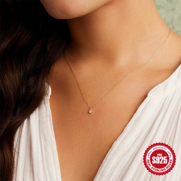 Simple S925 Sterling Silver Geometric Diamond All Match Elegant Ladies Necklace With Electroplating
