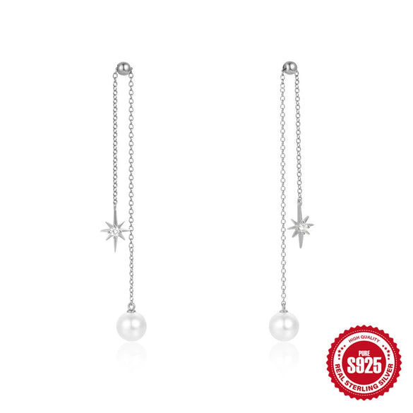 Simple S925 Sterling Silver Geometric Star Diamond Pearl Tassel Chain Earrings For Women
