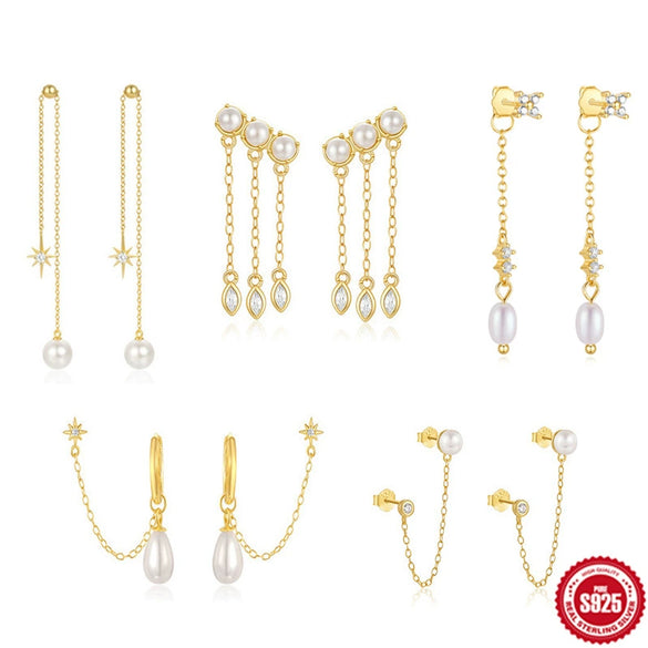 Simple S925 Sterling Silver Geometric Star Diamond Pearl Tassel Chain Earrings For Women
