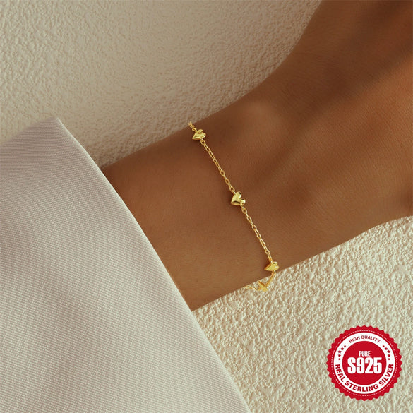 Simple S925 Sterling Silver Glossy Love Folding Unisex Bracelet With Diamond Design