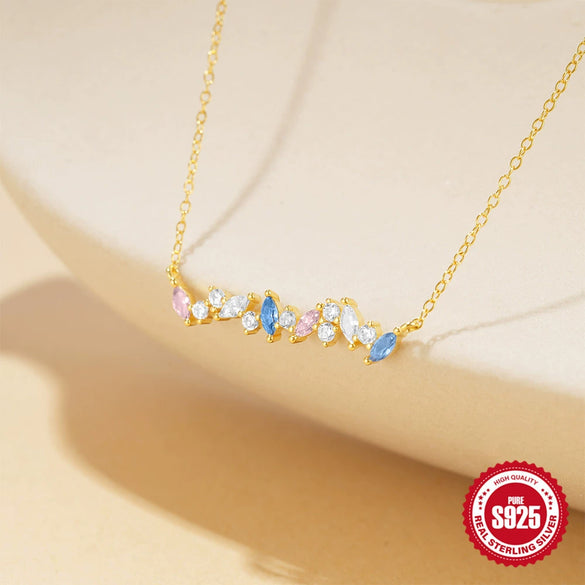 Simple S925 Sterling Silver Horse Eye Color Zircon Pendant Necklace With Geometric Design For Women Electroplated O Chain Stacked Wear