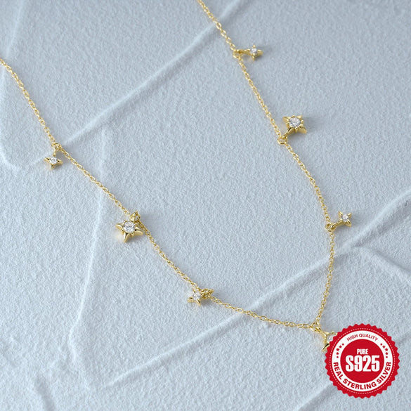 Simple S925 Sterling Silver Ins Style Geometric Star Diamond Stacked Women's Clavicle Necklace With Electroplating O Chain