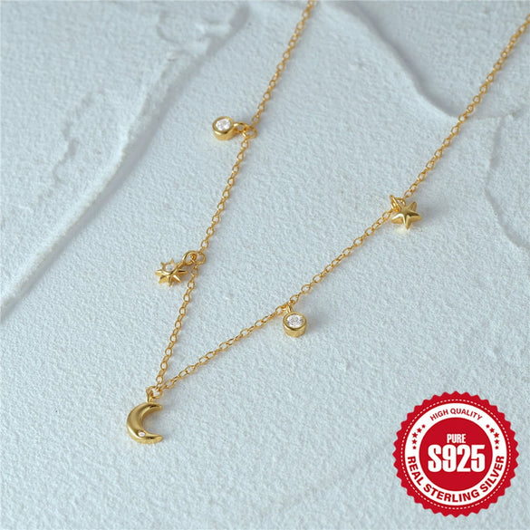 Simple S925 Sterling Silver Ins Style Geometric Star Moon Stacked Women's Necklace With Electroplating