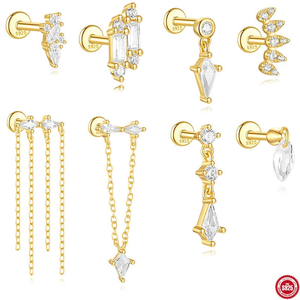 Simple S925 Sterling Silver Kite Zircon Stitching Tassel Piercing Earrings With Electroplating For Women