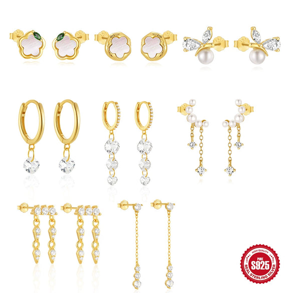 Simple S925 Sterling Silver Pearl Stitching Crescent Tassel Earrings Set With Gemstones For Women Fashion Style
