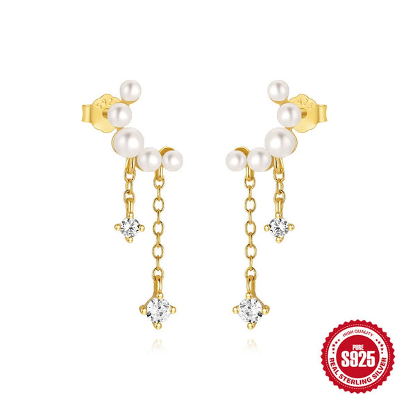 Simple S925 Sterling Silver Pearl Stitching Crescent Tassel Earrings Set With Gemstones For Women Fashion Style