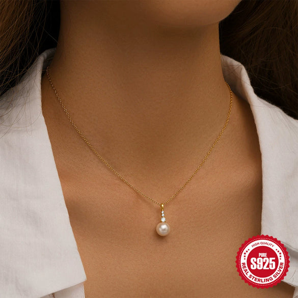 Simple S925 Sterling Silver Pearl Zircon Geometric Stacked Wear Electroplated Women's Collarbone Necklace