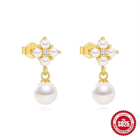 Simple S925 Sterling Silver Plain Glossy Water Drop And Pearl Stud Earrings With Geometric Pattern For Women