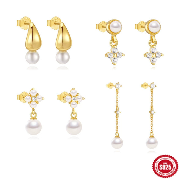 Simple S925 Sterling Silver Plain Glossy Water Drop And Pearl Stud Earrings With Geometric Pattern For Women