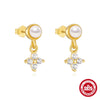 Simple S925 Sterling Silver Plain Glossy Water Drop And Pearl Stud Earrings With Geometric Pattern For Women