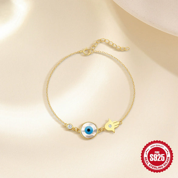Simple S925 Sterling Silver Retro Palm Devil's Eye Blue Eyes Geometric Design Electroplated Unisex Bracelet