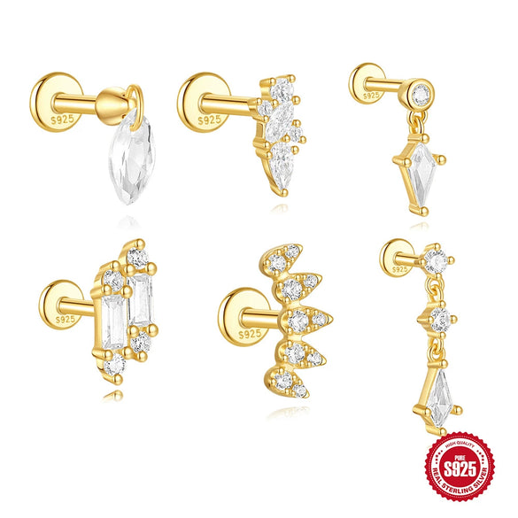 Simple S925 Sterling Silver Tassel Square Double Row Spiral Piercing Earrings With Drop Shape And Zirconia Design