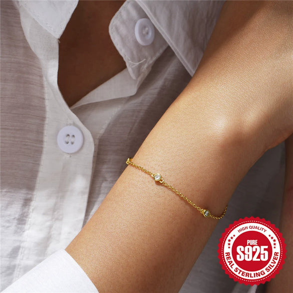 Simple S925 Sterling Silver Women's Bracelet With Three Zircon Inlays And Geometric Pattern Electroplated