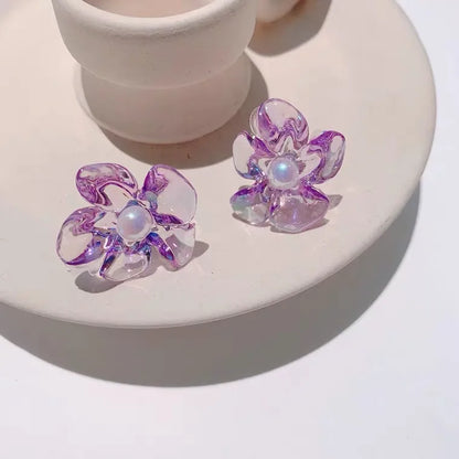 Simple Semi-Transparent Color Three-Dimensional Flower Acrylic Pearl Flower Earrings