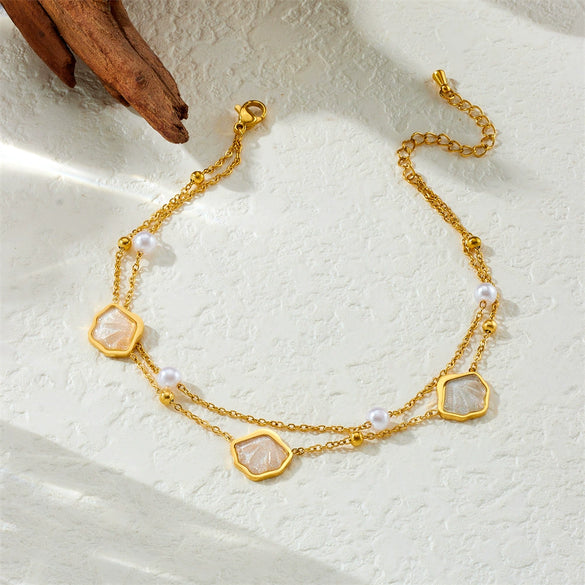 Simple Shiny Shell Butterfly Double Layer Stacked Women's Stainless Steel Foot Chain With Pearl Starfish And Animal Pattern