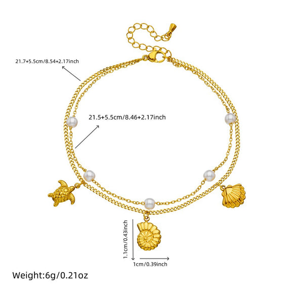 Simple Shiny Shell Butterfly Double Layer Stacked Women's Stainless Steel Foot Chain With Pearl Starfish And Animal Pattern
