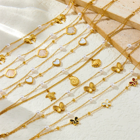 Simple Shiny Shell Butterfly Double Layer Stacked Women's Stainless Steel Foot Chain With Pearl Starfish And Animal Pattern