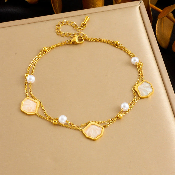 Simple Shiny Shell Butterfly Double Layer Stacked Women's Stainless Steel Foot Chain With Pearl Starfish And Animal Pattern
