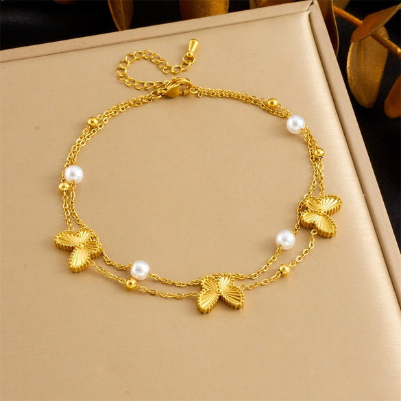 Simple Shiny Shell Butterfly Double Layer Stacked Women's Stainless Steel Foot Chain With Pearl Starfish And Animal Pattern