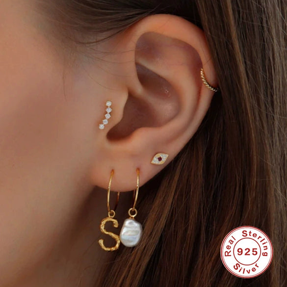 Simple Single Row Diamond S925 Sterling Silver Geometric Flat Head Thread Puncture Cartilage Earrings For Unisex